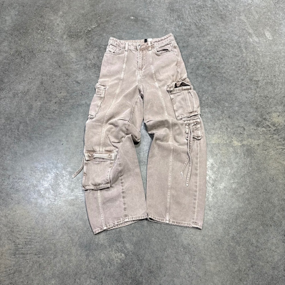 H&M Divided Cargo Pants Women Size 2 Tan Wide Leg Utility Streetwear